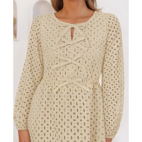 Women's Long Sleeve Mini Dress Viscose Fall Casual Tie Front Eyelet - Picture 4 of 7